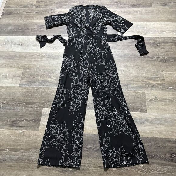 Gracia Jumpsuit Size Medium NWT Floral black white wide leg tie waist flow - Picture 7 of 15